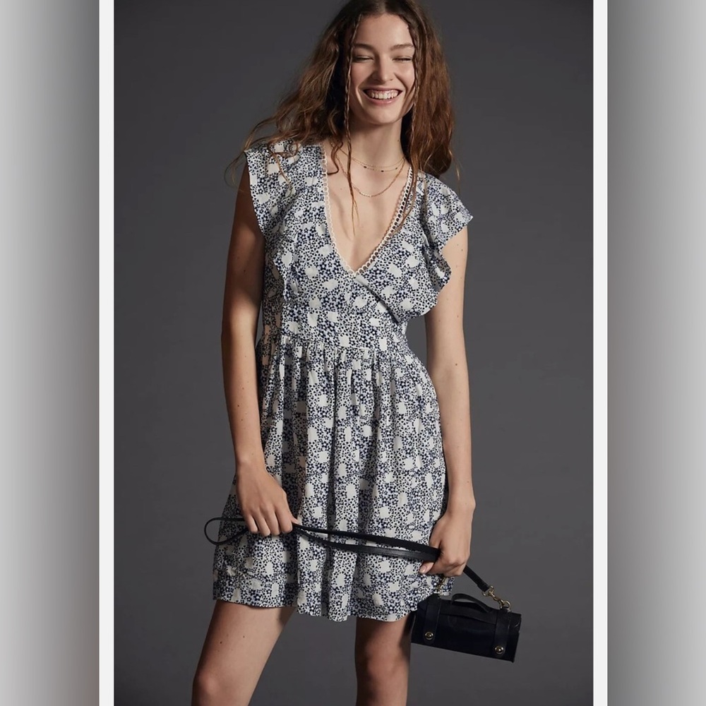 Anthropologie V-Neck Plunge Tunic Mini Dress Blue Motif Floral Size Small